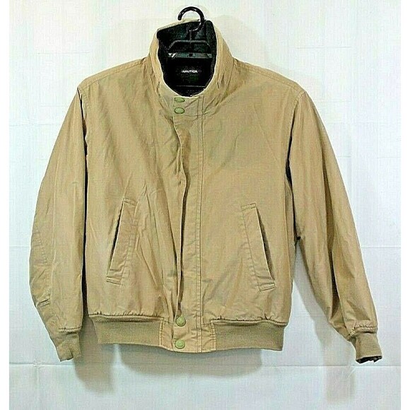 Nautica Tan Bomber Jacket Coat Hidden Hoodie Wool Like Lining Mens Size M - Picture 2 of 9
